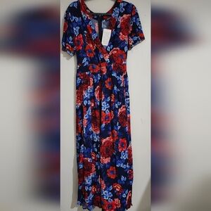 Roaman's Blue and Orange Pleated A-Line Maxi Skirt